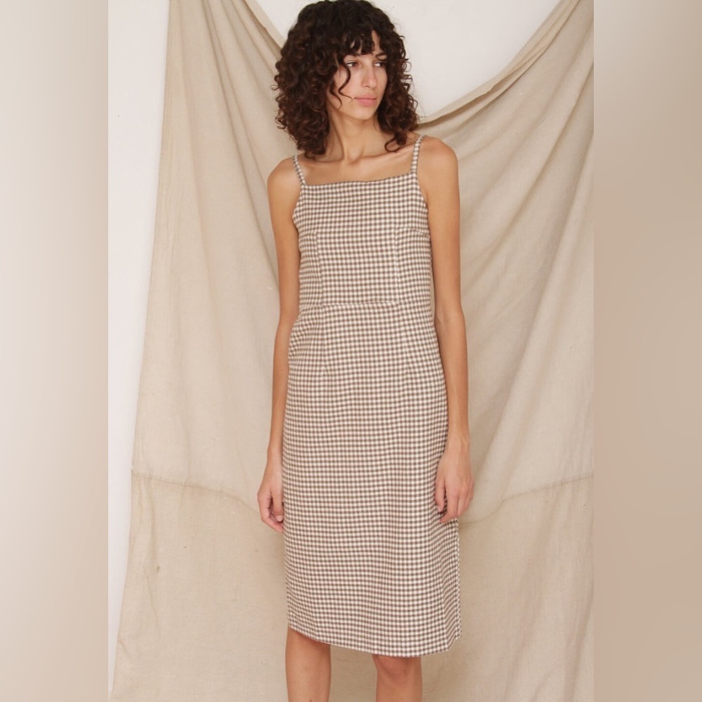 Anthropologie Rita Row 100% Cotton Brown Gingham Checked Midi Dress